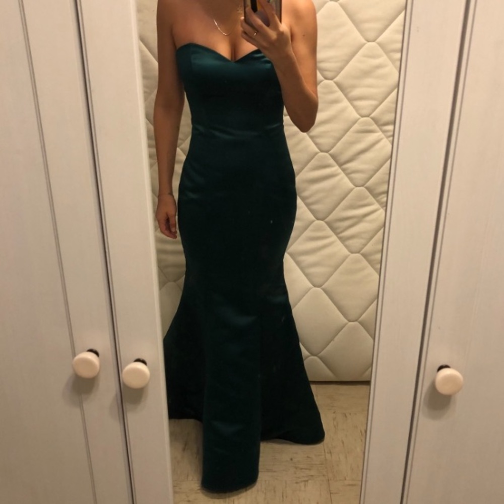 Dessy satin strapless mermaid dress in color hunter green